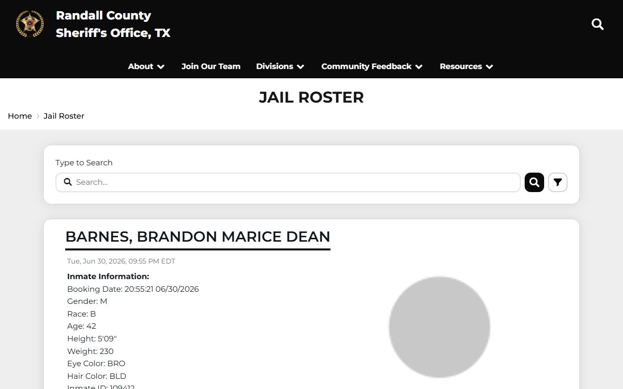 Randall County jail roster inmate population search page